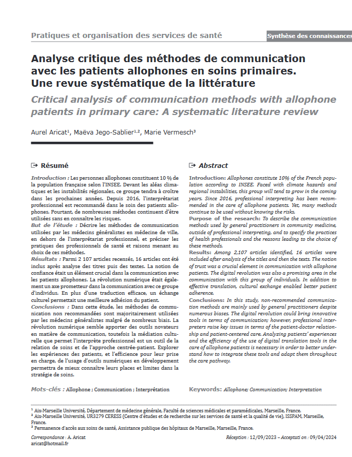 Analyse critique des méthodes de communication avec les patients allophones en soins primaires. Une revue systématique de la littérature